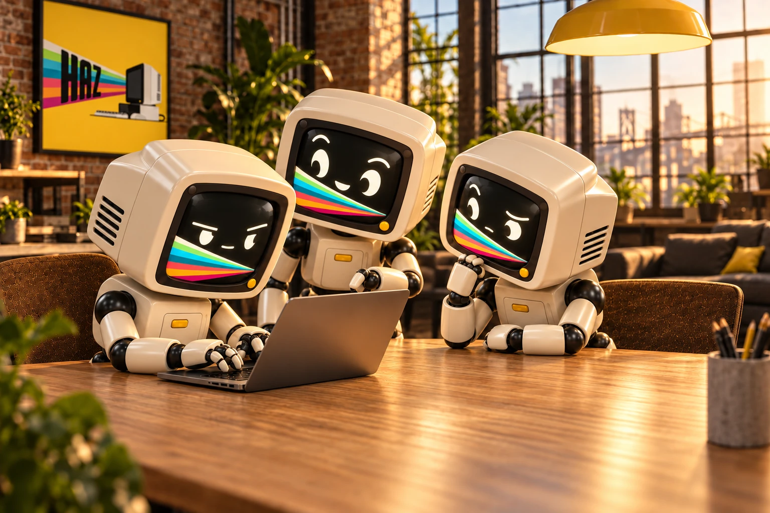Tres agentes de HAZ, robots con pantalla de monitor, trabajando juntos frente a un portátil.